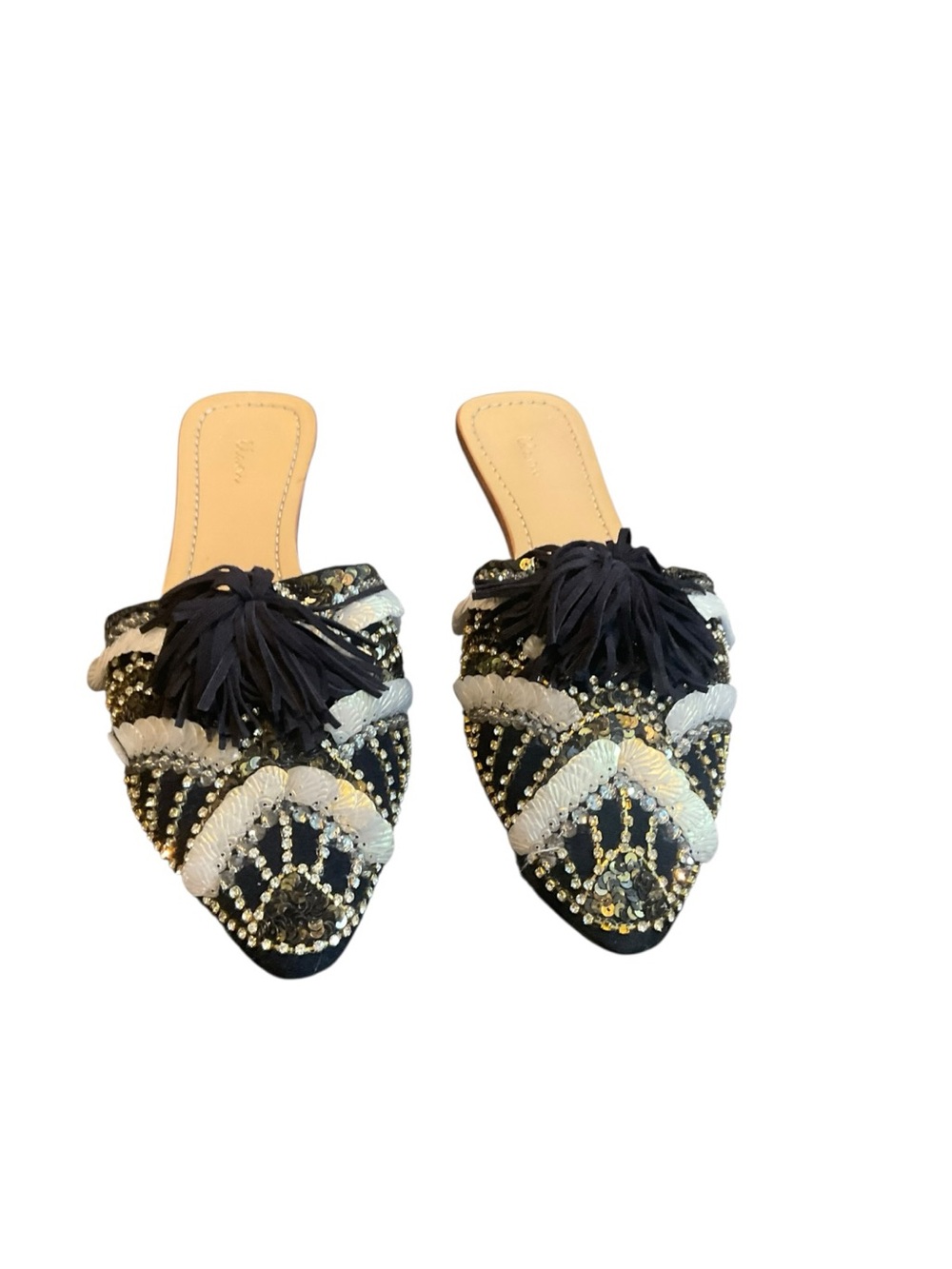 Black Embellished Pointed Slip-On Mules with Tassel Detail